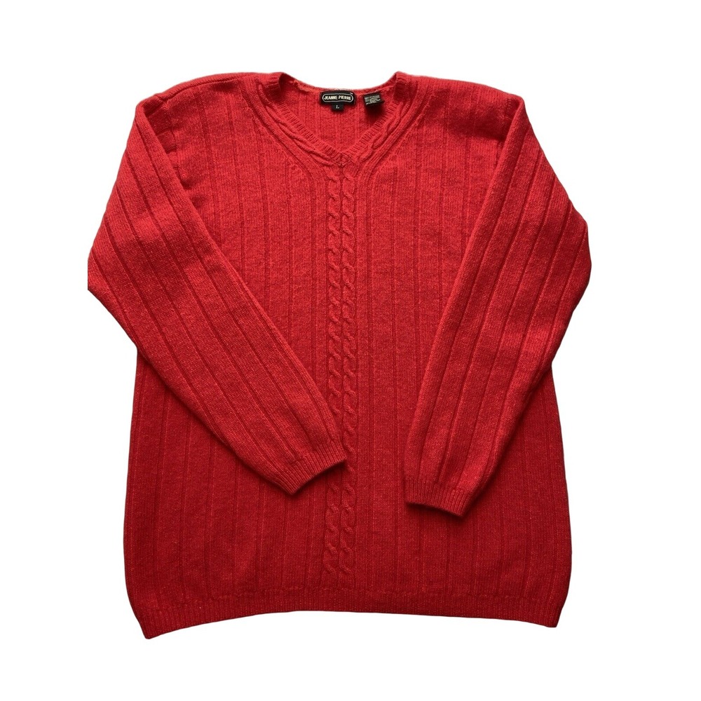 Vintage Jeanne Pierre Sweater Womens L Red Lambswool Angora V Neck Cable Knit